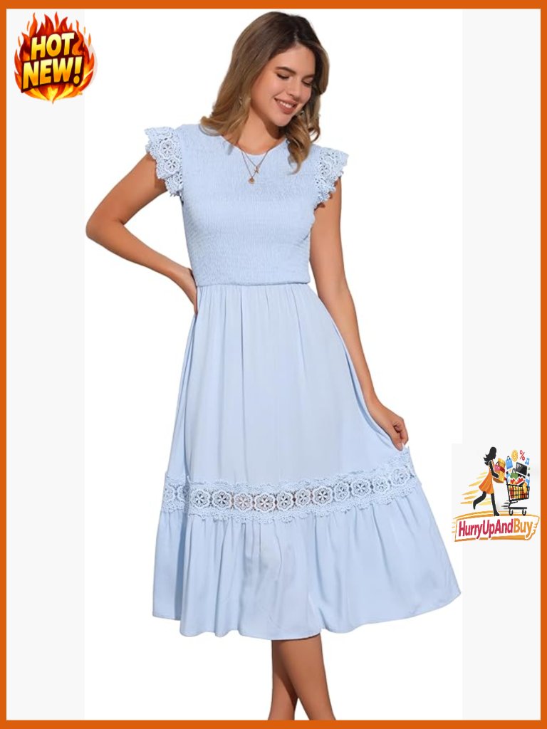 Boho Midi Dress Flutter Sleeve Lace Trim Smocked Ruffle Flowy Beach Chic